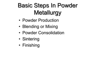 Basic Steps In Powder
Metallurgy
• Powder Production
• Blending or Mixing
• Powder Consolidation
• Sintering
• Finishing
 
