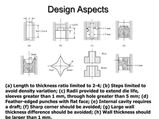 Design Aspects
(a) Length to thickness ratio limited to 2-4; (b) Steps limited to
avoid density variation; (c) Radii provided to extend die life,
sleeves greater than 1 mm, through hole greater than 5 mm; (d)
Feather-edged punches with flat face; (e) Internal cavity requires
a draft; (f) Sharp corner should be avoided; (g) Large wall
thickness difference should be avoided; (h) Wall thickness should
be larger than 1 mm.
 
