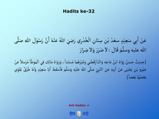 Hadits ke-32
Arti Hadits: 
ْ‫ن‬َ‫ع‬
‫ي‬ِ‫ب‬َ‫أ‬
ْ‫د‬‫ي‬ ِ‫ع‬َ‫س‬
ُْ‫د‬‫سع‬
ِْ
‫ن‬‫ب‬
ِْ
‫ان‬َ‫ن‬ ِ
‫س‬
ْ‫د‬ُ‫خ‬‫أل‬
ْ‫ي‬ِ‫ر‬
َْ‫ي‬ ِ
‫ض‬َ‫ر‬
ُْ‫للا‬
ُْ‫ه‬‫ن‬َ‫ع‬
َّْ
‫ن‬َ‫أ‬
ُْ‫س‬َ‫ر‬
ْ َ
‫ل‬‫و‬
ِْ‫للا‬
‫ى‬َّ‫ل‬َ‫ص‬
‫للا‬
‫عليه‬
َْ‫م‬َّ‫وسل‬
ْ َ
‫ال‬َ‫ق‬
:
َْ‫أل‬
َْ‫ر‬َ‫ر‬َ‫ض‬
َْ‫أل‬َ‫و‬
َْ‫أر‬َ‫ر‬ ِ
‫ض‬
[
ْ‫ث‬‫ي‬ ِ‫د‬َ‫ح‬
ْ‫ن‬َ‫س‬َ‫ح‬
ُْ‫أه‬َ‫و‬َ‫ر‬
ُْ
‫ن‬‫أب‬
‫ه‬َ‫اج‬َ‫م‬
‫ي‬ِ‫ن‬‫ط‬ُ‫ق‬ُ‫أر‬ َّ‫ألد‬َ‫و‬
ْ‫ي‬َ‫غ‬َ‫و‬
‫ا‬َ‫م‬ُ‫ه‬ُ‫ر‬
،‫دأ‬َ‫ن‬‫س‬ُ‫م‬
ُْ‫أه‬َ‫و‬ َ‫ر‬َ‫و‬
‫ك‬ِ‫ل‬‫ا‬َ‫م‬
‫ي‬ِ‫ف‬
ْ‫أل‬
ْ‫ا‬َّ‫ط‬َ‫و‬ُ‫م‬
ْ‫ال‬َ‫س‬‫ر‬ ُ‫م‬
ْ‫ن‬َ‫ع‬
ْ‫و‬‫ر‬‫م‬َ‫ع‬
ِْ
‫ن‬‫ب‬
‫ى‬ َ‫ي‬‫ح‬َ‫ي‬
ْ‫ن‬َ‫ع‬
ِْ‫ه‬‫ي‬ِ‫ب‬َ‫أ‬
ِْ
‫ن‬َ‫ع‬
ِْ‫ي‬ِ‫ب‬َّ‫ألن‬
‫ى‬َّ‫ل‬َ‫ص‬
ُْ‫للا‬
ِْ‫ه‬‫ي‬َ‫ل‬َ‫ع‬
َْ‫م‬َّ‫ل‬َ‫س‬َ‫و‬
َْ‫ط‬َ‫ق‬‫س‬َ‫ا‬َ‫ف‬
‫ا‬َ‫ب‬َ‫أ‬
َْ‫س‬
ْ‫د‬‫ي‬ ِ‫ع‬
ُْ‫ه‬
َ
‫ل‬َ‫و‬
ْ‫ق‬ُ‫ر‬ُ‫ط‬
‫ي‬ ِ‫و‬َ‫ق‬ُ‫ي‬
‫ا‬َ‫ه‬ُ‫ض‬‫ع‬َ‫ب‬
ْ‫ضا‬‫ع‬َ‫ب‬
]
 