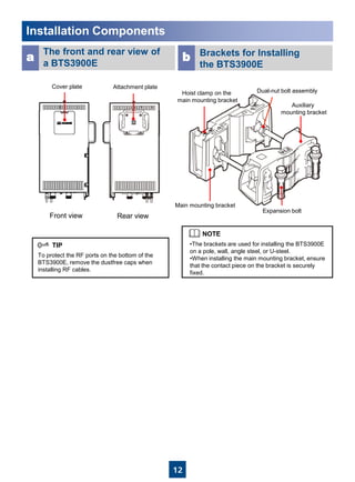 12
Installation Components
The front and rear view of
a BTS3900E
Brackets for Installing
the BTS3900E
a b
To protect the RF ports on the bottom of the
BTS3900E, remove the dustfree caps when
installing RF cables.
Front view Rear view
•The brackets are used for installing the BTS3900E
on a pole, wall, angle steel, or U-steel.
•When installing the main mounting bracket, ensure
that the contact piece on the bracket is securely
fixed.
Cover plate Attachment plate
Hoist clamp on the
main mounting bracket
Main mounting bracket
Dual-nut bolt assembly
Auxiliary
mounting bracket
Expansion bolt
 