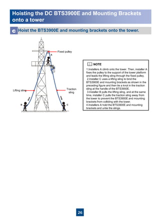 26
Hoist the BTS3900E and mounting brackets onto the tower.c
1.Installers A climb onto the tower. Then, installer A
fixes the pulley to the support of the tower platform
and leads the lifting sling through the fixed pulley.
2.Installer C uses a lifting sling to bind the
BTS3900E and mounting brackets as shown in the
preceding figure and then tie a knot in the traction
sling at the handle of the BTS3900E.
3.Installer B pulls the lifting sling, and at the same
time, installer C pulls the traction sling away from
the tower to prevent the BTS3900E and mounting
brackets from colliding with the tower.
4.Installers A hold the BTS3900E and mounting
brackets and untie the slings.
Hoisting the DC BTS3900E and Mounting Brackets
onto a tower
Lifting sling Traction
sling
Fixed pulley
 