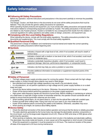 2
Following All Safety Precautions
Before any operation, read the instructions and precautions in this document carefully to minimize the possibility
of accidents.
The Danger, Caution, and Note items in the documents do not cover all the safety precautions that must be
followed. They only provide the generic safety precautions for operations.
When operating Huawei products and equipment, you must comply with safety precautions and special safety
instructions related to corresponding equipment provided by Huawei. The safety precautions in the document
are related to only Huawei products. Huawei is not liable for any consequence that results from the violation of
universal regulations for safety operations and safety codes on design, production, and equipment use.
Complying with the Local Safety Regulations
When operating the device, comply with the local safety regulations. The safety precautions provided in the
documents are supplementary. You must comply with the local safety regulations.
Qualified Personnel Only
The personnel in charge of installation and maintenance must be trained and master the correct operating
methods and safety precautions before beginning work.
Symbols
Safety of Personnel
• The high voltage power supply provides power for running the system. Direct contact with the high voltage
power supply or contact through damp objects may result in fatal danger.
• Non-standard and improper high voltage operations may result in fire and electric shock.
• In a thunderstorm, do not perform operations on high voltage and AC power supply facilities or on a steel
tower and mast.
• Ground the device before powering on the device. Otherwise, the personnel and device are in danger.
• Power off the device before performing operations on the power supply equipment.
• High power radio-frequency signals are harmful to human body. Before installing or maintaining an antenna
on a steel tower or mast with a large number of transmitter antennas, the operator should coordinate with all
parties to ensure that the transmitter antennas are shut down.
• When handling optical fibers, do not stand close to, or look into the optical fiber outlet with unaided eyes.
• Protect yourself when drilling holes. Flying dust may hurt your eyes or you may inhale the dust.
• Power off the batteries before connecting the cables to the batteries. Otherwise, casualties may occur.
• When working at a height, be cautious about falling objects.
Device Safety
• Check the electrical connection of the device before operation and ensure that the device is reliably grounded.
• The static electricity generated by the human body may damage the electrostatic sensitive components on
the circuit board, such as the large-scale integrated circuit (LIC). Wear an ESD wrist strap or ESD gloves when
performing the operation.
• When working on batteries, take measures to prevent short circuits in the batteries and electrolyte spill/loss.
The electrolyte may erode metal and boards, or even cause rust of the equipment or short circuits in the boards.
• When the equipment is unpacked, it must be powered on in 24 hours. The maximum duration of the power-
off state of the equipment is 24 hours during maintenance.
Safety Information
Indicates a hazard with a high level of risk, which if not avoided, will result in death or
serious injury.DANGER
WARNING
CAUTION
TIP
NOTE
Indicates a hazard with a medium or low level of risk, which if not avoided, could result
in minor or moderate injury.
Indicates a potentially hazardous situation, which if not avoided, could result in
equipment damage, data loss, performance degradation, or unexpected results.
Indicates a tip that may help you solve a problem or save time.
Provides additional information to emphasize or supplement important points of the
main text.
 