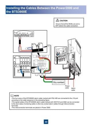40
Ensure that all the MCBs are set to
OFF before the cable connection.
•The four wires of the BTS3900E alarm cable marked with PSU 485 are connected to the J18 port
according to the cable sequence in the preceding figure.
•The signal cables of the BTS3900E alarm cable marked with SWITCH and GND can be connected
to the door status monitoring cable or other dry contact alarm cables through interconnection
terminals.
•The interconnection terminals are placed in Power 2000.
Installing the Cables Between the Power2000 and
the BTS3900E
Power
cable
Dry contact
Alarm
cable
 