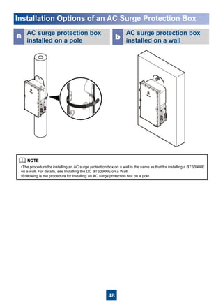 48
a b
Installation Options of an AC Surge Protection Box
AC surge protection box
installed on a pole
AC surge protection box
installed on a wall
•The procedure for installing an AC surge protection box on a wall is the same as that for installing a BTS3900E
on a wall. For details, see Installing the DC BTS3900E on a Wall.
•Following is the procedure for installing an AC surge protection box on a pole.
 