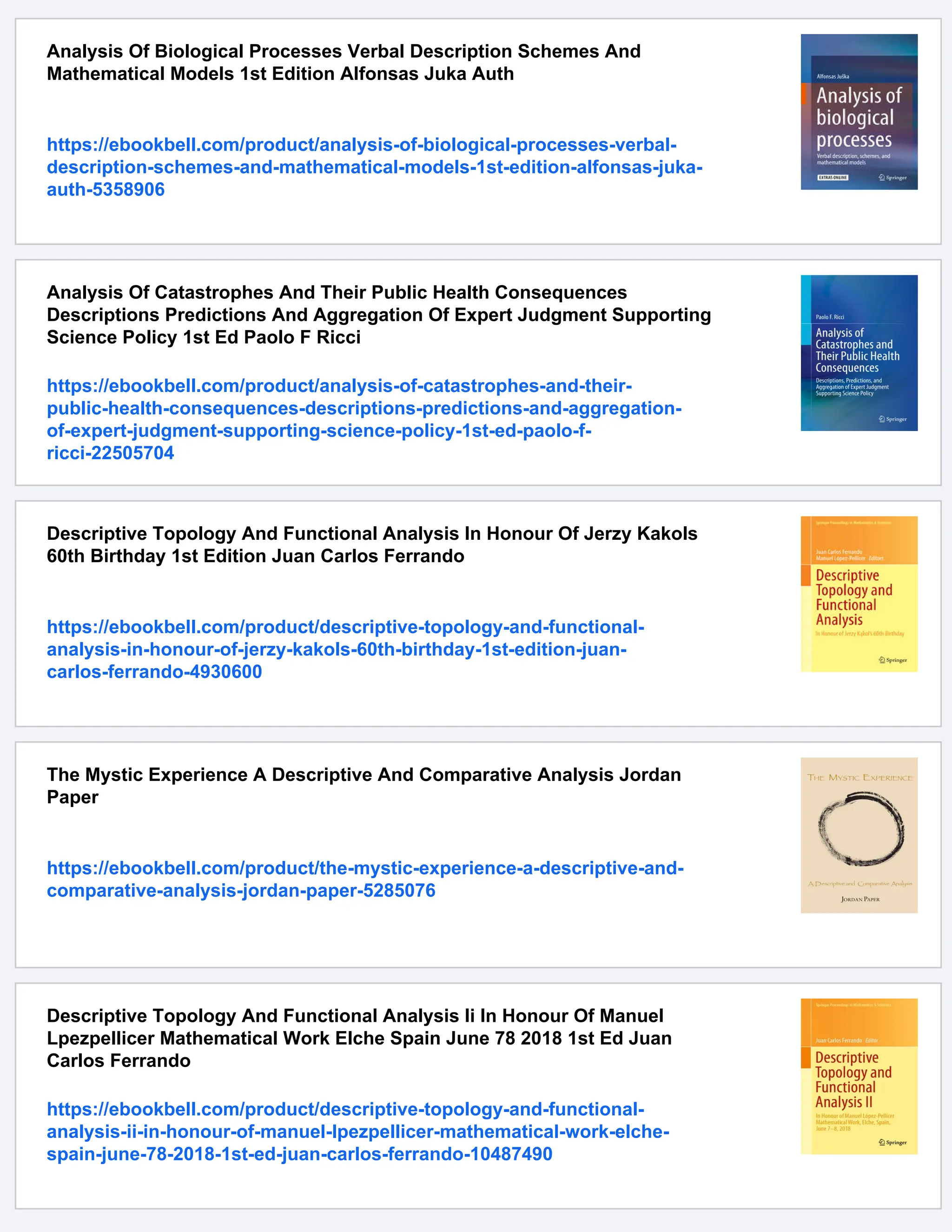 Analysis Of Biological Processes Verbal Description Schemes And
Mathematical Models 1st Edition Alfonsas Juka Auth
https://ebookbell.com/product/analysis-of-biological-processes-verbal-
description-schemes-and-mathematical-models-1st-edition-alfonsas-juka-
auth-5358906
Analysis Of Catastrophes And Their Public Health Consequences
Descriptions Predictions And Aggregation Of Expert Judgment Supporting
Science Policy 1st Ed Paolo F Ricci
https://ebookbell.com/product/analysis-of-catastrophes-and-their-
public-health-consequences-descriptions-predictions-and-aggregation-
of-expert-judgment-supporting-science-policy-1st-ed-paolo-f-
ricci-22505704
Descriptive Topology And Functional Analysis In Honour Of Jerzy Kakols
60th Birthday 1st Edition Juan Carlos Ferrando
https://ebookbell.com/product/descriptive-topology-and-functional-
analysis-in-honour-of-jerzy-kakols-60th-birthday-1st-edition-juan-
carlos-ferrando-4930600
The Mystic Experience A Descriptive And Comparative Analysis Jordan
Paper
https://ebookbell.com/product/the-mystic-experience-a-descriptive-and-
comparative-analysis-jordan-paper-5285076
Descriptive Topology And Functional Analysis Ii In Honour Of Manuel
Lpezpellicer Mathematical Work Elche Spain June 78 2018 1st Ed Juan
Carlos Ferrando
https://ebookbell.com/product/descriptive-topology-and-functional-
analysis-ii-in-honour-of-manuel-lpezpellicer-mathematical-work-elche-
spain-june-78-2018-1st-ed-juan-carlos-ferrando-10487490
 