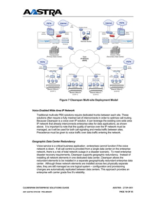 Figure 7 Clearspan Multi-site Deployment Model



         Voice Enabled Wide Area IP Network
              Traditional multi-site PBX solutions require dedicated trunks between each site. These
              solutions often require a fully meshed set of interconnects in order to optimize call routing.
              Because Clearspan is a voice over IP solution, it can leverage the existing core wide area
              IP network that already interconnects enterprise sites for data applications, as shown
              above. It is important to note that the quality of service over the IP network must be
              managed, as it will be used for both call signaling and media traffic between sites.
              Precedence must be given to voice traffic over data traffic entering the network.


         Geographic Data Center Redundancy
              Voice service is a critical business application –enterprises cannot function if the voice
              network is down. If all call control is provided from a single data center on the enterprise
              network, there is a risk of total network outage in a disaster scenario. To meet enterprise
              disaster recovery requirements, Clearspan supports geographic redundancy. Instead of
              installing all network elements in one dedicated data center, Clearspan allows the
              redundant elements to be installed in a separate geographically redundant enterprise data
              center. Although these network elements are installed across two physically separate
              sites, they are still managed as one logical system – configuration and provisioning
              changes are automatically replicated between data centers. This approach provides an
              enterprise with carrier grade five 9’s reliability.




CLEARSPAN ENTERPRISE SOLUTIONS GUIDE                                                     AASTRA - 2739-001
2007 AASTRA NTECOM PRELIMINARY                                                                 PAGE 18 OF 55
 