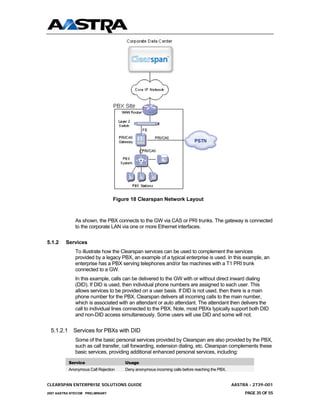 Figure 18 Clearspan Network Layout



              As shown, the PBX connects to the GW via CAS or PRI trunks. The gateway is connected
              to the corporate LAN via one or more Ethernet interfaces.


5.1.2    Services
              To illustrate how the Clearspan services can be used to complement the services
              provided by a legacy PBX, an example of a typical enterprise is used. In this example, an
              enterprise has a PBX serving telephones and/or fax machines with a T1 PRI trunk
              connected to a GW.
              In this example, calls can be delivered to the GW with or without direct inward dialing
              (DID). If DID is used, then individual phone numbers are assigned to each user. This
              allows services to be provided on a user basis. If DID is not used, then there is a main
              phone number for the PBX. Clearspan delivers all incoming calls to the main number,
              which is associated with an attendant or auto attendant. The attendant then delivers the
              call to individual lines connected to the PBX. Note, most PBXs typically support both DID
              and non-DID access simultaneously. Some users will use DID and some will not.


 5.1.2.1 Services for PBXs with DID
              Some of the basic personal services provided by Clearspan are also provided by the PBX,
              such as call transfer, call forwarding, extension dialing, etc. Clearspan complements these
              basic services, providing additional enhanced personal services, including:

          Service                    Usage
          Anonymous Call Rejection   Deny anonymous incoming calls before reaching the PBX.


CLEARSPAN ENTERPRISE SOLUTIONS GUIDE                                                          AASTRA - 2739-001
2007 AASTRA NTECOM PRELIMINARY                                                                     PAGE 35 OF 55
 