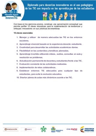 Con base en los ejercicios previos, construya una aproximación conceptual que
permita perfilar 10 claves educativas para la implementación de tendencias y
enfoques innovadores en sus prácticas de enseñanza:
10 claves esenciales
1. Manejar y utilizar de manera adecuadas las TIC en los entornos
escolares.
2. Aprendizaje vivencial basado en la experiencia docente- estudiante.
3. Creatividad para desarrollar las actividades académicas diarias.
4. Flexibilidad en los contenidos y temáticas planeadas.
5. Aprendizaje invertido utilizando videos, audios, consultas en aula y
resolución se problemas.
6. Actualización permanente de docentes y estudiantes frente a las TIC.
7. Evaluación constante de las actividades realizadas.
8. Implementación de retos colaborativos.
9. Establecer entornos TIC adecuados para cualquier tipo de
estudiantes, para evita la exclusión educativa.
10. Diseñar planes de aulas más dinámicos acorde a las TIC.
 