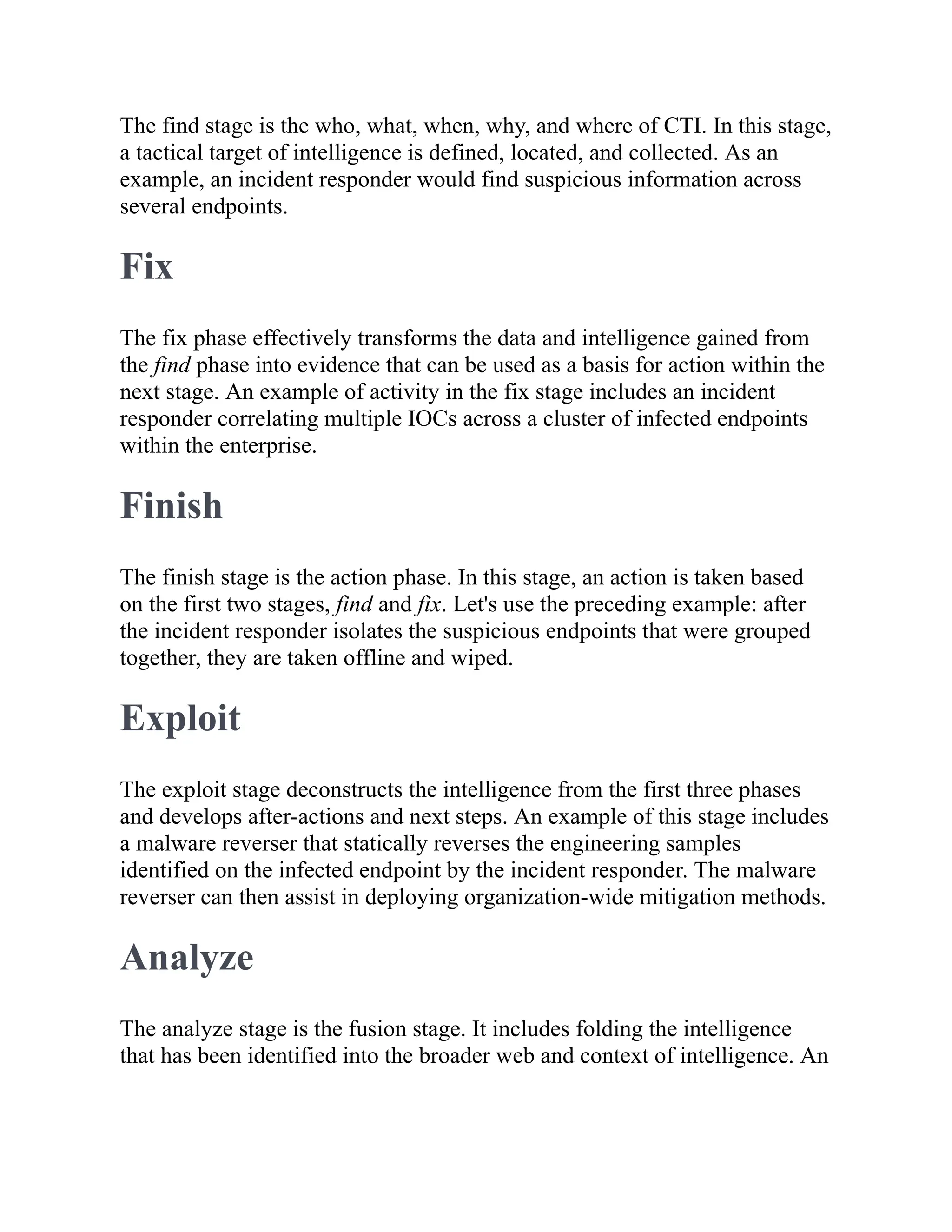 The find stage is the who, what, when, why, and where of CTI. In this stage,
a tactical target of intelligence is defined, located, and collected. As an
example, an incident responder would find suspicious information across
several endpoints.
Fix
The fix phase effectively transforms the data and intelligence gained from
the find phase into evidence that can be used as a basis for action within the
next stage. An example of activity in the fix stage includes an incident
responder correlating multiple IOCs across a cluster of infected endpoints
within the enterprise.
Finish
The finish stage is the action phase. In this stage, an action is taken based
on the first two stages, find and fix. Let's use the preceding example: after
the incident responder isolates the suspicious endpoints that were grouped
together, they are taken offline and wiped.
Exploit
The exploit stage deconstructs the intelligence from the first three phases
and develops after-actions and next steps. An example of this stage includes
a malware reverser that statically reverses the engineering samples
identified on the infected endpoint by the incident responder. The malware
reverser can then assist in deploying organization-wide mitigation methods.
Analyze
The analyze stage is the fusion stage. It includes folding the intelligence
that has been identified into the broader web and context of intelligence. An
 