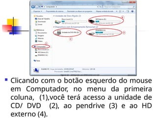  Clicando com o botão esquerdo do mouse
em Computador, no menu da primeira
coluna, (1),você terá acesso a unidade de
CD/ DVD (2), ao pendrive (3) e ao HD
externo (4).
 