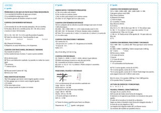 Soluciones 5.º grado 6.º grado
4.º grado
PROBLEMAS A LOS QUE LES FALTA ALGO PARA RESOLVERLOS
1) La cantidad de botellitas de agua que compró.
2) La cantidad de amigos que invitó.
3) ¿Cuántos gramos de fiambre compró en total?
CUENTAS CON NÚMEROS NATURALES
1)
a) 30 monedas de oro, 88 monedas plateadas y 30 con estrellas.
b) De plata, 88; de oro y estrellas juntas: 30 + 30= 60, es cierto.
c) Juntó, en total, 148 monedas.
2) 12 x 10= 120, 120 : 15= 8. En cada fila pondrán 8 papeles.
3) Todos los cálculos sirven. Trae 60 pastillas la caja.
3 x 5 x 4 4 x 5 x 3 3 x 4 x 5 5 x 3 x 4
4) a) Repartió 48 bolsitas.
b) Repartió, en total, 96 barritas y 144 chupetines.
CUENTAS CON FRACCIONES, DECIMALES Y MEDIDAS
1) a) Quedo sin pintar ¼ .
b) Dos medios forman el entero. Y cuatro cuartos también.
2) Les alcanza justo.
3) *No es una habitación cuadrada. Las paredes no miden las cuatro
igual.
**No alcanza.
*** Sobran 8,20 m.
4) Hay que poner 6 pesas de ¼ kg.
5) Entra a las 15:30.
PARA IDENTIFICAR FIGURAS
1)a) Falta agregar que tienen cuatro ángulos iguales o rectos.
b) Falta agregar que no tienen cuatro ángulos iguales.
c) El celular.
d) No tiene lados rectos.
e) No, porque puede ser el plato o el celular.
VARIOS DATOS Y DIFERENTES PREGUNTAS
a) No, no se sabe cuál compró.
b) No, no dice en cuántas cuotas.
c) No, no dice cuál compró ni en cuántas cuotas.
d) 4.050 : 6= 675. Pagará $675 en cada cuota.
CUENTAS CON NÚMEROS NATURALES
1) Con cualquiera de los cálculos se puede averiguar que sacó, en total,
2.400 almanaques.
2) 5.000 - 100= 4.900; 4.900 : 4= 1.225. Cada entrada costó $1.225.
3) 2.500 : 250= 10. Necesitan 10 frascos. Quedan todos completos.
4) Tiene 155: si cuenta de a 2, sobra 1; si cuenta de a 3, sobran 2; si cuenta de
a 5, no sobra nada.
CUENTAS CON FRACCIONES Y MEDIDAS
1) 5 vasitos de 1/5 .
Una jarra de 3/4 l y sobra 1/4 l de gaseosa en la botella.
* 8 vasos de 1/4 l.
Sobra 1/2 l.
2) a) El de 400 g. b) El de 3/4 kg.
CUENTAS CON DECIMALES
1) 210,90 x 3 + 99,90 : 2= 632,7 + 49,95= 682,65. Gastó $682,65.
2) Midió mal porque la puerta es más alta que ancha.
3) 5 caramelos en el kiosco cuestan $22,50.
a) 22,50 : 5= 4,5; 22 : 4,5= 4 y sobran 4. Podrá comprar 4 caramelos.
b) Sobran $4.
POSICIONES, FIGURAS Y DECIMALES
2) a) Las dimensiones de una cartulina cuadrada son:
Largo 0,65 m= 65/100
Ancho 0,65 m= 65/100
b) El pizarrón del aula tiene estas medidas:
Largo: 1,80 m= 180/100
Ancho: 0,95 m= 95/100
c) El ancho del lápiz es de 0,05 m.
0,05 m= 5/100
4) Tienen la misma superficie para hacer sus dibujos.
Disponen de 10 iguales cada grupo.
CUENTAS CON NÚMEROS NATURALES
1) 4 x 1.000= 4.000; 4.000 - 400= 3.600; 3.600 : 4= 900.
Cada gorro piluso costó $900.
2) a) Entre 6 bolsitas.
b) Repartió 50 chipás.
c) Tiene 8 chipás.
d) Le quedan 2 chipás.
3) a) Recorre 240 km.
b) 32 litros.
4) a) Sí, 9 x 12= 108. Es decir que 108 : 8= 12. No sobran cajas.
b) 108 : 7= 15 y sobran 3. Con 4 cajas más, tendría 112, así
completaría las 7 filas, con 16 cajas.
c) 108 : 6= 18. Podría armar 6 filas iguales de 18 cajas cada una
5) a) 48.
b) 72.
CUENTAS CON MEDIDAS, FRACCIONES Y DECIMALES
1) a) 1.800 : 500 = 3 y sobran 300. Tiene que hacer como mínimo
4 viajes.
b)1.800 x 3.000= 5.400.000 g. Habrá transportado 5.400 kg.
2) * 14:30 h. * 1:45 h.
3) Dos tartas y media
3 3/4 tazas de harina
5 huevos
2 1/2 tazas de azúcar
625 g de manteca
1 1/4 cucharaditas de bicarbonato
4) *En 2 cuotas iguales, cuotas de $3.379,5.
*En 3 cuotas iguales, cuotas de $2.253.
*En 6 cuotas iguales, cuotas de $1.126,50. Puede elegir esta opción,
pues pagará menos de $1.200 en cada cuota.
5) a) Es cierto. b) si quedan 3,800 kg. c) Son 3.800 gramos.
d) Se pueden llenar 25 paquetes.
LECTURA DE GRÁFICOS Y PORCENTAJES
A - 1. B - 3. C - 2.
FIGURAS, FORMAS, CARACTERÍSTICAS
1) Largo: 20 cm y ancho: 20 cm.
2) El escudo de 6 lados tiene forma de hexágono.
El diámetro es el segmento que divide a la moneda en dos parte
iguales.
El radio de la moneda es la mitad de su diámetro.
Según sus lados, el banderín tiene forma de triángulo isósceles. Y
la suma de sus tres ángulos es 180 º.
Los ángulos de la figurita miden 90º y se llaman rectos.
Los estantes del mueble son paralelos entre sí.
 