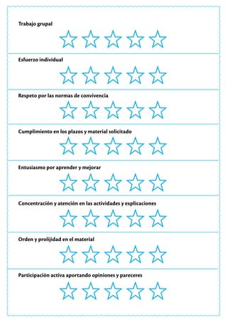Trabajo grupal
Esfuerzo individual
Respeto por las normas de convivencia
Cumplimiento en los plazos y material solicitado
Entusiasmo por aprender y mejorar
Concentración y atención en las actividades y explicaciones
Orden y prolijidad en el material
Participación activa aportando opiniones y pareceres
 