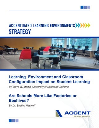 Learning Environment and Classroom
Configuration Impact on Student Learning
By Steve W. Martin, University of Southern California
Are Schools More Like Factories or
Beehives?
By Dr. Shelley Hasinoff
ENVIRONMENTS
ACCENTUATED LEARNING ENVIRONMENTS
STRATEGY
 