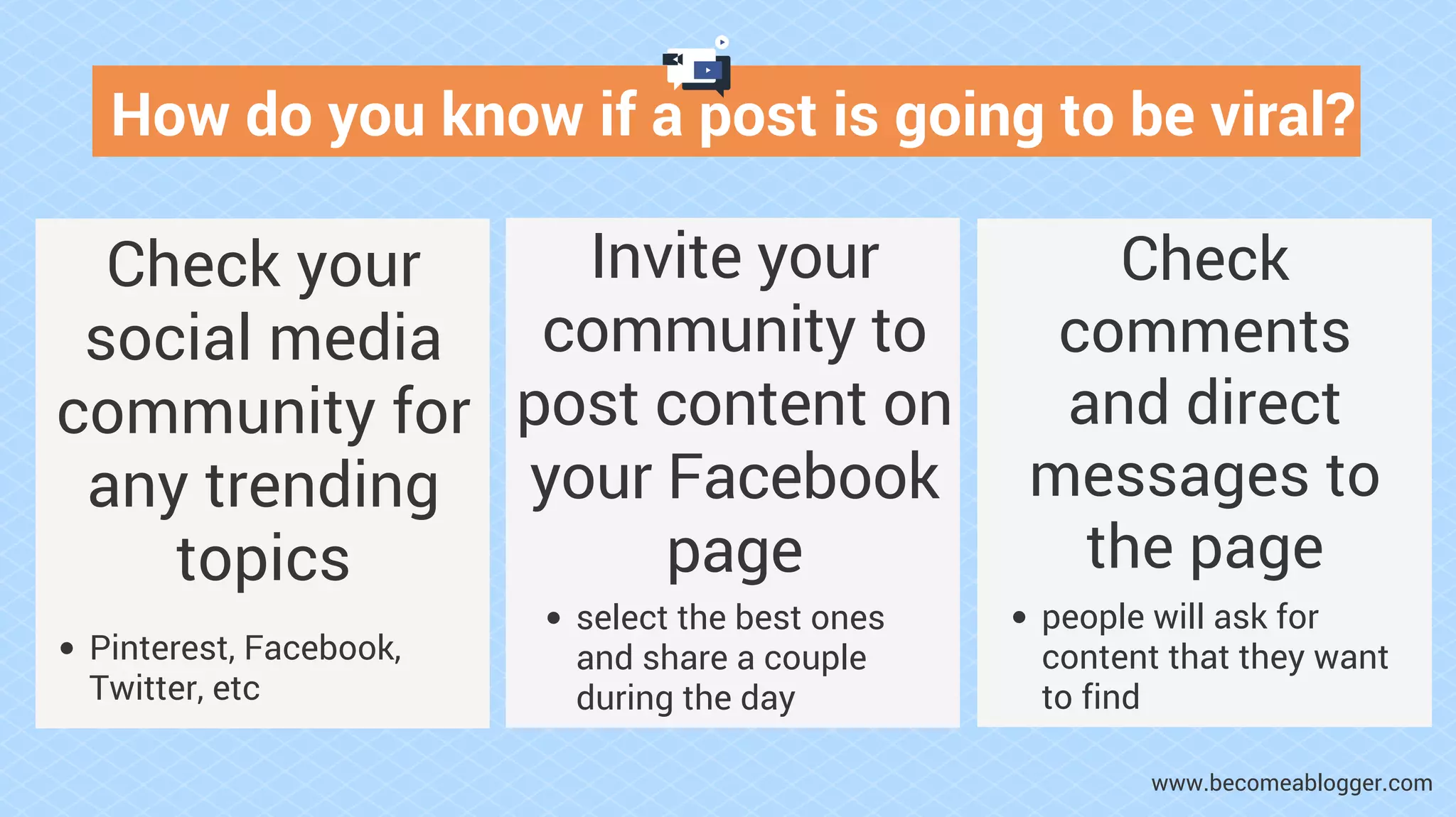 How do you know if a post is going to be viral?
Check your
social media
community for
any trending
topics
Pinterest, Facebook,
Twitter, etc
Invite your
community to
post content on
your Facebook
page
select the best ones
and share a couple
during the day
Check
comments
and direct
messages to
the page
people will ask for
content that they want
to find
www.becomeablogger.com
 