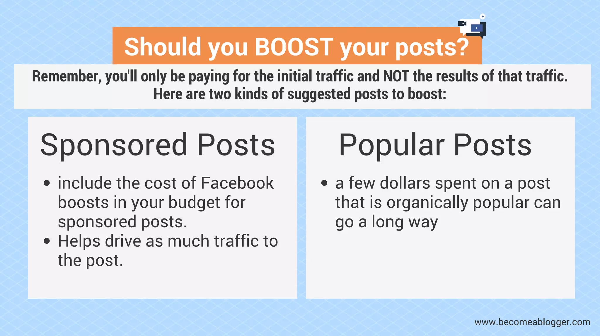 Should you BOOST your posts?
Sponsored Posts
include the cost of Facebook
boosts in your budget for
sponsored posts.
Helps drive as much traffic to
the post.
www.becomeablogger.com
Remember, you'll only be paying for the initial traffic and NOT the results of that traffic.
Here are two kinds of suggested posts to boost:
Popular Posts
a few dollars spent on a post
that is organically popular can
go a long way
 