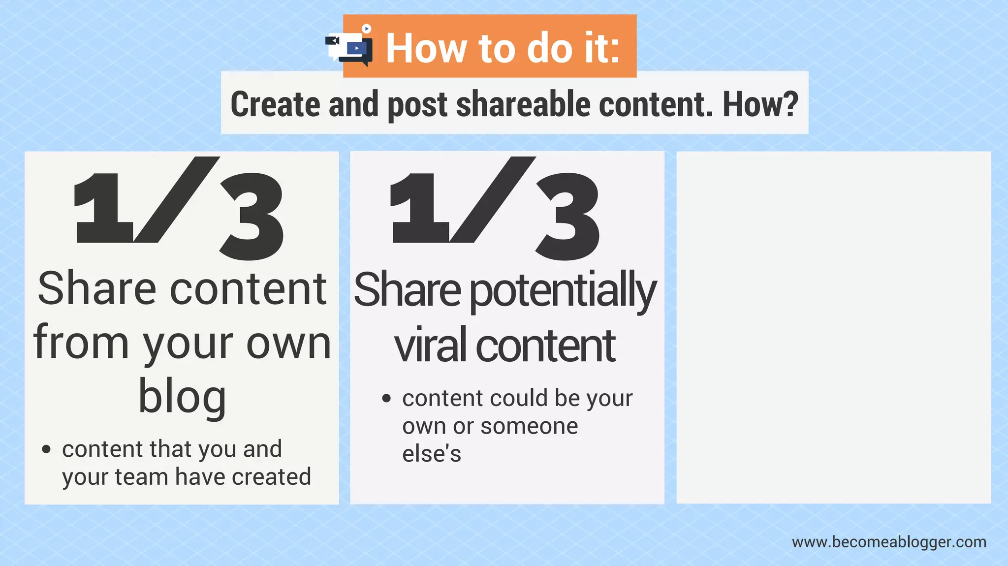 How to do it:
Create and post shareable content. How?
1/3
Share content
from your own
blog
content that you and
your team have created
Sharepotentially
viralcontent
content could be your
own or someone
else's
1/3
www.becomeablogger.com
 