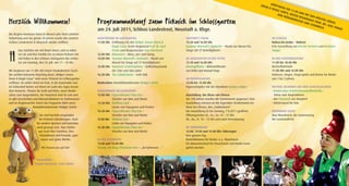 DRU     ERÖF
                                                                                                                                                                                    M&     FNUN
                                                                                                                                                                                       BUG      GU
                                                                                                                                                                                           LE CO M 11.0
                                                                                                                                                                                                RPS,       0 UH
                                                                                                                                                                                            UND      ERST       R MI
                                                                                                                                                                                                BÜR       ER         T DE
                                                                                                                                                                                                    GERM REGION           NW

Herzlich Willkommen!                                        Programmablauf zum Picknick im Schlossgarten                                                                                                  EISTE
                                                                                                                                                                                                                R UW
                                                                                                                                                                                                                     SRAT ÖLPER L
                                                                                                                                                                                                                           PR       ÖW
                                                                                                                                                                                                                     E STE OF. DR . A EN
                                                                                                                                                                                                                          RNB
                                                                                                                                                                                                                              ECK    XEL P
                                                                                                                                                                                                                                           RIEB
                                                            am 24. Juli 2011, Schloss Landestrost, Neustadt a. Rbge.                                                                                                                            S
Die Region Hannover feiert in diesem Jahr ihren zehnten
Geburtstag und vor genau 20 Jahren wurde das sanierte       HAUPTBÜHNE IM AMTSGARTEN                                  GÄRTNER’S PAUSE                                                   IM SCHLOSS
Schloss Landestrost in Neustadt wieder eröffnet.            11.00 Uhr Eröffnung mit den Wölper Löwen Drum &           12.30 und 16.00 Uhr                                               Neben.Ein.Ander – Malerei
                                                                      Bugle Corps, Erster Regionsrat Prof. Dr. Axel   Susanne Würmell’s Glasharfe – Musik von Mozart bis                Eine Ausstellung von Kerstin Vorwerk und Reinhard
       Das möchten wir mit Ihnen feiern, und so laden                 Priebs und Bürgermeister Uwe Sternbeck          Tango auf 37 Kristallgläsern                                      Stoppe
       wir Sie und Ihre Familie ein zu einem Picknick mit   12.00 Uhr Blueswinx – Blues, Jazz und Swing
       viel Kultur in den schönen Amtsgarten des Schlos-    14.00 Uhr Susanne Würmell’s Glasharfe – Musik von         IM AMTSGARTEN IN DER SPITZE                                       IN DER STADTBIBLIOTHEK
       ses am Sonntag, den 24. Juli, von 11 – 18 Uhr.                 Mozart bis Tango auf 37 Kristallgläsern         13.30 und 16.00 Uhr                                               11.00 bis 18.00 Uhr
                                                            15.00 Uhr Hannover Grammophons – Kaffeehausmusik          Hexengeﬂüster – Mitmachtheater                                    Bücherﬂohmarkt
Wir beginnen um 11 Uhr mit einem musikalischen Tusch:                 der 20er und 30er Jahre                         von Britta und Manuel Hoge                                        11.00 Uhr und 16.00 Uhr
Die weithin bekannte Marching Band „Wölper Löwen            16.30 Uhr The Cobblestones – Irish Folk                                                                                     Vorlesen, Singen, Fingerspiele und Reime für Kinder
Drum & Bugle Corps“ wird unser Picknick im Schlossgarten                                                              IM REGIONSARCHIV                                                  von 1 bis 3 Jahren.
eröffnen. An vielen Orten im Park, in der Kasematte und     Moderation: Kontaktbrandmeister Rüdiger Scholz            12.00 bis 15.00 Uhr
im Schlosshof bieten wir Ihnen im Laufe des Tages beson-                                                              Papierschöpfen mit der Künstlerin Barbara Lüttjen                 WEITERE AKTIONEN AUF DEM SCHLOSSGELÄNDE
dere Konzerte, Theater für Groß und Klein, einen Kinder-    KINDERBÜHNE IM SCHLOSSHOF                                                                                                   • Kinderzirkus KritzPritzKnuckelMuckelDü –
zirkus zum Ausprobieren, der Ponytreck wird da sein und     13.00 Uhr Figurentheater Filou Fox –                      Ausstellung: Der Riese von Eilvese                                  Zirkus zum Ausprobieren
es gibt Geschichten und Mitmachaktionen im Torfmuseum                 Streiche von Max und Moritz                     Vor 100 Jahren wurden die Fundamente gegossen. Eine               • der Ponytreck aus Burgdorf
und im Regionsarchiv. Durch das Programm führt unser        13.30 Uhr Matthias Lück –                                 Ausstellung erinnert an die legendäre Sendestation im             • Kletterwand für Kids
                    Kontaktbrandmeister Rüdiger Schulz.               Lieder von Papageien und Piraten                Moor bei Eilvese, den „Funkenturm“.
                                                            14.30 Uhr Figurentheater Filou Fox –                      Die Ausstellung ist bis Sonntag, 7.8.2011 geöffnet.               BESONDERE GÄSTE
                         Sie sind herzlich eingeladen                 Streiche von Max und Moritz                     Öffnungszeiten Di., Sa., So. 14 – 17 Uhr                          Max Moorfrosch, der Gartenzwerg,
                        Ihr Picknick mitzubringen. Auch     15.00 Uhr Matthias Lück –                                 Mi., Do., Fr. 10 – 12 Uhr und nach Vereinbarung                   die Lustwandlerin
                      für weitere Speisen und Getränke                Lieder von Papageien und Piraten
                      wird gesorgt sein. Nun fehlen         16.30 Uhr Figurentheater Filou Fox –                      IM TORFMUSEUM
                        nur noch Ihre Familien, Ihre                  Streiche von Max und Moritz                     12.00, 14.00 und 16.00 Uhr: Führungen
                         Freundinnen und Freunde, gute                                                                Den ganzen Tag:
                          Laune und gutes Wetter.           IN DER KASEMATTE                                          Bastelaktionen für Kinder, u. a. Moorhexen
                                                            13.00 und 15.00 Uhr                                       Ein Museumsrätsel für Erwachsene und Kinder kann
                          Wir freuen uns auf Sie!           Theater am Barg/Christiane Hess – „da hattensen …“        gelöst werden



                     Veranstalter:
                    Region Hannover, Team Kultur
 