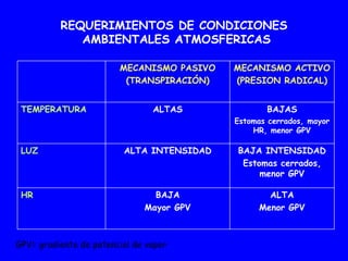 REQUERIMIENTOS DE CONDICIONES
AMBIENTALES ATMOSFERICAS
MECANISMO PASIVO
(TRANSPIRACIÓN)
MECANISMO ACTIVO
(PRESION RADICAL)
TEMPERATURA ALTAS BAJAS
Estomas cerrados, mayor
HR, menor GPV
LUZ ALTA INTENSIDAD BAJA INTENSIDAD
Estomas cerrados,
menor GPV
HR BAJA
Mayor GPV
ALTA
Menor GPV
GPV= gradiente de potencial de vapor
 