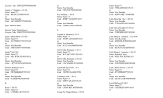 License Code : TFPEKJPFWHFMNSM   or                                Name: Super771
                                 Name: Asu Shrestha                Code : 79YRAJJRSMSVNAV
Jewels of Cleopatra v1.0.4.0     Code : EPAPR8FPVFFMNSM            or
Name: Super771                                                     Name: Asu Shrestha
Code : BYJGGLYP86SVNAV           Koi Solitaire v1.0.0.0            Code : 8EN6VNFLYEFMNSM
or                               Name: Super771
Name: Asu Shrestha               Code : JDSRYYGSRASVNAV            Little Shop Big City v3.0.0.32
Code : MCCMALD7YPFMNSM           or                                Name: Asu Shrestha
                                 Name: Asu Shrestha                Code : 7CEFMPLNVVFMNSM
Jojo's Fashion Show              Code : 7TSSWLJHCFFMNSM
                                                                   Little shop city lights v3.0.0.32
Licence Name: Gamehousez         L                                 Name: Asu Shrestha
Licence Code: 99KW7PNXVHFJSSM                                      Code : 7CEFMPLNVVFMNSM
                                 Legend of Aladdin v1.0.1.0
Jojos Fashion Show v1.0.0.0      Name: Super771                    Little Shop of Treasures 2 v2.0.0.49
Name: Super771                   Code : NWPVAVJCDXSVNAV            Name: John Kosinsky
Code : HWFTDDGVYVSVNAV           or                                Code : MXXDT-JEJPQ-MDAMV
or                               Name: Asu Shrestha                or
Name: Asu Shrestha               Code : 8LCXYDAHP6FMNSM            Name: Asu Shrestha
Code : HPLNDH8V7VFMNSM                                             Code : KR7G77CXGVFMNSM
                                 LEGO Chic Boutique v1.0.2.1
Jungo™ v1.0.0.0                  Name: Super771                    Little Shop of Treasures v1.0.0.55
Name: Super771                   Code : W8LSVYDYCCSVNAV            Name: Katharyn Styre
Code : MLCR7HCNLWSVNAV           or                                Code : PTGL8-ECJGJ-MCAFJ
or                               LEGO Chic Boutique v2.5.0.21      or
Name: Asu Shrestha               Name: Asu Shrestha                Name: Asu Shrestha
Code : LXVGY8QTVMFMNSM           Code : LACS9M8GCWFMNSM            Code : YHDLHRASHRFMNSM

Jurassic Realm v1.0.1.0          Lemonade Tycoon v1.1.6.4          Luck Charm Deluxe v2.5.0.19
Name: Super771                   Name: Super771                    Name: Super771
Code : DR9M8K6DGVSVNAV           Code : 1967-D136-468B-9784        Code : BYGSPP68D7SVNAV
or                                                                 or
Name: Asu Shrestha               Lifetime RSVP v1.0.0.1            Name: Asu Shrestha
Code : 6GJYSE99KAFMNSM           Name: Super771                    Code : QLMPA8YKWPFMNSM
                                 Code : H6K97AJLQXSVNAV
K                                or                                LucyQ Deluxe v1.0.0.0
                                 Name: Asu Shrestha                Name: Super771
Karu v1.0.0.38                   Code : LFGRCKELATFMNSM            Code : CSLHJQEYHNSVNAV
Name: Super771                                                     or
Code : G7F66KKLRTSVNAV           Liong-The Dragon Dance v1.0.0.0
 