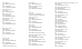 Name: Super771                    Name: Super771                             Super Jigsaw Anne Geddes Down In The Garden v1.1.9.0
Code : QMRL8ATE9CSVNAV            Code : G667NAKWK8SVNAV                     Name: Super771
or                                or                                         Code : GeddesGarden-737770A8
Name: Asu Shrestha                Yahtzee Texas Hold'em v2.5.0.32
Code : X7DPHEDVVBFMNSM            Name: Asu Shrestha                         Super Jigsaw Beach Holidays v1.4.1.0
                                  Code : KBRWB8SYV7FMNSM                     Name: Randy Fredrikson
Word Travels v1.2.0.0                                                        Code : BEACHHOLIDAY-34F911D3
Name: Super771                    Z                                          or
Code : F8AJ8977KNSVNAV                                                       Name: Asu Shrestha
or                                Zeal 1.0.0.0                               Code : BeachHoliday-448841D3
Word Travels v6.6.19.1            License Name : Asu Shrestha II
Name: Asu Shrestha                License Code : 6P9NG7N7NQFMNSM             Super Jigsaw Butterflies v1.2.3.2
Code : 9KNBQQ6C68FMNSM                                                       Name: Super771
                                  Zodiac Tower v1.0.1.0                      Code : Butterflies-B9BBDC41
WordJong To Go v1.1.0.0           Name: Super771                             or
Name: Super771                    Code : DH67KY9EMWSVNAV                     Name: Asu Shrestha
Code : 6FRXYYCECWSVNAV            or                                         Code : Butterflies-A2445C41
or                                Name: Asu Shrestha                         Super Jigsaw Caboodle v1.4.2.0
Name: Asu Shrestha                Code : VJYADW7KMMFMNSM                     Name: Asu Shrestha
Code : PN8MQN9PLWFMNSM                                                       Code : Caboodle-54488455
                                  Zuma v1.0.0.1                              or
X                                 Name: Super771                             Name: Margaret P Anders
                                  Code : SVDHQ6WKQJSVNAV                     Code : CABOODLE-45529655
Xango Tango v1.0.0.0              or
Name: Super771                    Name: Asu Shrestha                         Super Jigsaw Desserts! v1.4.2.0
Code : 6P9EWSKWVGSVNAV            Code : 6CM7DA68KXFMNSM                     Name: james byard
or                                                                           Code : DESSERT-A0A94574
Name: Asu Shrestha                Super JigSaw Puzzle Games Collecation      or
Code : JRGGBTJJLGFMNSM                                                       Name: Asu Shrestha
                                  Super Jigsaw Adorable Animals 2 v1.4.2.0   Code : Dessert-AA2443F4
Y                                 Name: Asu Shrestha
                                  Code : AdorableAnimals2-4885B300           Super Jigsaw Desert Explorer v1.4.2.0
Yahtzee v1.0.0.0                                                             Name: Asu Shrestha
Name: Super771                    Super Jigsaw Adorable Animals v1.4.2.0     Code : DesertExplorer-1221FFDC
Code : KMYNMYCT8MSVNAV            Name: Pedro Colman
or                                Code : ADORABLEANIMALS-A0C95967            Super Jigsaw Flowers v1.2.3.2
Name: Asu Shrestha                or                                         Name: Super771
Code : BD8M7YFSYKFMNSM            Name: Asu Shrestha                         Code : Flowers-1B9BBD33
                                  Code : AdorableAnimals-2442D967            or
YAHTZEE Texas Hold 'em v1.0.1.1                                              Name: Asu Shrestha
 