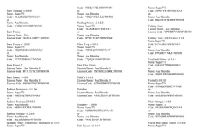 Code : 8NDKYTBLMBSVNAV           Name: Super771
Fairy Treasure v1.0.0.0                         or                               Code : HPQTVWAN78SVNAV
Name: Super771                                  Name: Asu Shrestha               or
Code : DLGJRXKH7SSVNAV                          Code : TYKCVEDAAXFMNSM           Name: Asu Shrestha
or                                                                               Code: MKQW7CWA8QFMNSM
Name: Asu Shrestha                              Feeding Frenzy v2.4.2.2
Code : V6BBCHWRPKFMNSM                          Name: Super771                   Fishing Craze
                                                Code : 7SGADG6DTASVNAV           License Name : Asu Shrestha
Farm Frenzy                                     or                               License Code : VPCBR7VNKYFMNSM
License Name : Jirix                            Name: Asu Shrestha
License Code : A6ALJ-JABPY-SMNSC                Code : BNVCR8AJVMFMNSM           Fishing Craze v1.0.0.0 or v1.0.1.0
                                                                                 Name:Super771
Farm Frenzy v1.2.0.0                            Fiber Twig v1.0.1.1              Code:WL9L6B6C6WSVNAV
Name: Super771                                  Name: Super771                   or
Code : HQBFMGRYGMSVNAV                          Code : TFP6EQSWHSSVNAV           Name: Asu Shrestha
or                                              or                               Code: VPCBR7VNKYFMNSM
Name: Asu Shrestha                              Name: Asu Shrestha
Code : 8VXNTSREVCFMNSM                          Code : 77QJQYGSJMFMNSM           Five Card Deluxe v1.0.0.1
                                                                                 Name: Super771
Farm Frenzy 2                                   First Class Flurry               Code : QAV6V7P9B6SVNAV
License Name : Asu Shrestha II                  License Name : Asu Shrestha II   or
License Code : BTA7EFSCECFMNSM                  License Code : SM7MXKLQKKFMNSM   Name: Asu Shrestha
                                                                                 Code : 9MHLBWQ96MFMNSM
Farm Mania 1.0.0.0                              FishCo 1.0.0.0
License Name : Asu Shrestha II                  License Name : Asu Shrestha II   Fizzball v1.0.1.0
License Code : HG966TFQTNFMNSM                  License Code : G7YNDBKEJTFMNSM   Name: Super771
                                                                                 Code : HNBQEPJBBCSVNAV
Fashion Boutique v1.0.0.164                     Fishdom                          or
Name: Super771                                  License Name : Asu Shrestha      Name: Asu Shrestha
Code : N6CSNKNE9GSVNAV                          License Code : 9AALPDVPL8FMNSM   Code : 6NLBPBSWRVFMNSM
or
Fashion Boutique 2.5.0.33                                                        Flash Dating v1.0.0.0
Name: Asu Shrestha                              Fishdom v 1.0.0.0                Name: Super771
Code : 9RPNGBXXEKFMNSM                          Name: Super771                   Code : HGRBJHBCYQSVNAV
                                                Code : NHMMY6D7NGSVNAV           or
Fashion Solitaire v1.2.0.0                      or                               Name: Asu Shrestha
Name: Asu Shrestha                              Name: Asu Shrestha               Code : BTEQMRAPBMFMNSM
Code : BAAHLM8BA9FMNSM                          Code : 9AALPDVPL8FMNSM
ng dapat Frenzy 2:Shipwreck Showdown v1.0.0.0                                    Flip or Flop Home Edition v1.2.0.0
Name: Super771                                  Fish Tycoon v1.0.0.9             Name: Super771
 