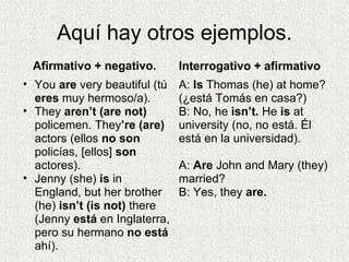 Aquí hay otros ejemplos. Afirmativo + negativo. You  are  very beautiful (tú  eres  muy hermoso/a). They  aren’t (are not)  policemen. They ’re (are)  actors (ellos  no son  policías, [ellos]  son  actores). Jenny (she)  is  in England, but her brother (he)  isn’t (is not)  there (Jenny  está  en Inglaterra, pero su hermano  no está  ahí). Interrogativo + afirmativo A:  Is  Thomas (he) at home? (¿está Tomás en casa?) B: No, he  isn’t.  He  is  at university (no, no está. Él está en la universidad).  A:  Are  John and Mary (they) married? B: Yes, they  are.  