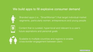 Branded apps (i.e., “SmartWoman”) that target individual market
segments, particularly women, entrepreneurs and young people
Content that is curated, hyper-local and relevant to a user’s
future aspirations and personal goals
Scalable to multiple countries and regions to enable
cross-border engagement between users
We build apps to ﬁll explosive consumer demand!
 