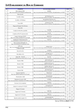 3.4 ETABLISSEMENT DU BON DE COMMANDE
Nb                          Désignation                                               Réf Electronique Diffusion                           Unité        TOT

                     Moto-réducteur RM2                                                         QURM2
2                                                                                                                                          13,00        26,00
        http://www.minilor.com/Catalogue/LesMoteurs.htm         http://www.electronique-diffusion.fr/product_info.php?products_id=58629
2                          Roue de jouet                                                           -                                       6,00         6,00
                                                                                           QUVM340 (par 10)
6                        Vis HM3 x 40mm                                                                                                    0,40         0,40
                                                                http://www.electronique-diffusion.fr/product_info.php?products_id=25729
                                                                                      QUVM340/45/50/60 (par 10)
13                   Vis HM3 x 45/50/60mm                                                                                                   0,5         1,00
                                                                http://www.electronique-diffusion.fr/product_info.php?products_id=25730
                                                                                            QUEM3 (par 100)
43                          Ecrou HM3                                                                                                      0,80         0,80
                                                                http://www.electronique-diffusion.fr/product_info.php?products_id=24559
1               Plaque de Plexiglas 210x150x5mm                                                    -                                         -            -
1                            Roue folle                                                            -                                         -            -
                                                                                                 ALUM2
1                Coupleur de Piles R6 en parallèle                                                                                         0,50         0,50
                                                                 http://www.electronique-diffusion.fr/product_info.php?products_id=1134
                                                                                                ALL455
1               Coupleur de Pile 9V à pression droit                                                                                       0,15         0,15
                                                                 http://www.electronique-diffusion.fr/product_info.php?products_id=809
                    Capteur infrarouge CNY70                                                    OPCNY70
2                                                                                                                                          1,05         2,10
           http://www.vishay.com/docs/83751/cny70.pdf           http://www.electronique-diffusion.fr/product_info.php?products_id=184229
              Amplificateur Opérationnel LF351                                                  CILF351
2                                                                                                                                          0,76         1,52
           www.fairchildsemi.com/ds/LF%2FLF351.pdf              http://www.electronique-diffusion.fr/product_info.php?products_id=48901
                   Microcontrôleur PICBASIC-1S
1                                                                                                  -                                       24,00        24,00
             http://www.lextronic.fr/Comfile/pb-1b.htm
                            LED verte
                                                                                             OPKBL934GT
1        http://www.kingbright.com/manager/upload/pdf/L-                                                                                   0,10         0,10
                                                                http://www.electronique-diffusion.fr/product_info.php?products_id=20630
                        1154PGT(V5).pdf
                                                                                                AL4022S
1                         Pile 6LF22 (9V)                                                                                                  2,91         2,91
                                                                 http://www.electronique-diffusion.fr/product_info.php?products_id=109
                                                                                             AL4906 (par 4)
2                        Pile LR06 (1,5V)                                                                                                  5,00         5,00
                                                                 http://www.electronique-diffusion.fr/product_info.php?products_id=129
                       Relais DIL – RL2220                                                       RL2220
2                                                                                                                                          1,80         3,60
         http://www.zettlerelectronics.be/ds/AZ821-831.pdf      http://www.electronique-diffusion.fr/product_info.php?products_id=28556
                                                                                           REP14383R (par 5)
1                          Resistor 380Ω                                                                                                   0,20         0,20
                                                                http://www.electronique-diffusion.fr/product_info.php?products_id=27417
                                                                                         REPR013K3R (par 5)
2                         Resistor 3,3kΩ                                                                                                   0,15         0,15
                                                                http://www.electronique-diffusion.fr/product_info.php?products_id=27730
                                                                                          REPR01180R (par 5)
2                          Resistor 180Ω                                                                                                   0,15         0,15
                                                                http://www.electronique-diffusion.fr/product_info.php?products_id=27694
                                                                                           RE145K1R (par 5)
2                          Resistor 5kΩ                                                                                                    0,04         0,04
                                                                http://www.electronique-diffusion.fr/product_info.php?products_id=26112
                        Transistor 2N2222A                                                     TR2N2222A
2                                                                                                                                          0,45         0,90
            http://doc.chipfind.ru/pdf/boca/2n2222a.pdf         http://www.electronique-diffusion.fr/product_info.php?products_id=30844
                                                                                             POAOH2K2R
2                      Potentiomètre 2,2kΩ                                                                                                 0,15         0,15
                                                                http://www.electronique-diffusion.fr/product_info.php?products_id=23558
                     Régulateur de tension 7805                                                 CI7805K
1                                                                                                                                          2,30         2,30
      http://www.tranzistoare.ro/datasheets/228/390068_DS.pdf   http://www.electronique-diffusion.fr/product_info.php?products_id=42785
                                                                                                COSP166
1                   Inverseur à levier unipolaire                                                                                          0,33         0,33
                                                                http://www.electronique-diffusion.fr/product_info.php?products_id=11507
                                                                                             COCMM554130
6                Bornier à vis droit pr CI 2 PLOT                                                                                          0,35         1,40
                                                                http://www.electronique-diffusion.fr/product_info.php?products_id=10769
4                       Plaques CI à insoler                                                       -                                         -            -
                                                                                                COIC108
2                     Support de CI 8 broches                                                                                              0,12         0,24
                                                                http://www.electronique-diffusion.fr/product_info.php?products_id=11019
                                                                                                COIC116
2                    Support de CI 16 broches                                                                                              0,23         0,46
                                                                http://www.electronique-diffusion.fr/product_info.php?products_id=11021
                                                                                           CONSH36SBS2TR
1                  Barrette sécable (coupée à 21)                                                                                          0,75         0,75
                                                                http://www.electronique-diffusion.fr/product_info.php?products_id=11253

                                                                                                                   Soit un TOTAL de 80,15 € TTC



PPE                                                                                                                                                18
 