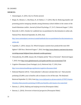 ID: 20434003
SOURCES:
• Amarasingam, A. (2016, July 4). [Twitter picture]
• Berger, R., Benatov, J., Abu-Raiya, H., & Tadmor, C. T. (2016, May 6). Reducing prejudice and
promoting positive intergroup attitudes among elementary-school children in the context of the
Israeli-Palestinian conflict. Journal of School Psychology, 57, 53-72. Retrieved August 7, 2016.
• Boesveld, S. (2011, October 6). Landlords face no punishment for discrimination in online ads.
National Post. Retrieved September 24, 2016, from
http://news.nationalpost.com/news/canada/landlords-face-no-punishment-for-discrimination-in-
online-ads
• Capatides, C. (2016, January 25). Which European countries have produced the most ISIS
fighters? CBS News. Retrieved August 7, 2016, from http://www.cbsnews.com/news/isis-terror-
recruiting-europe-belgium-france-denmark-sweden-germany/
• Chossudovsky, M. (2008, January 20). Al Qaeda and the “War on Terrorism”. Retrieved August
7, 2016, from http://www.globalresearch.ca/al-qaeda-and-the-war-on-terrorism/7718
• Cognitive Dissonance (Leon Festinger). (n.d.). Retrieved July 17, 2016, from
http://www.instructionaldesign.org/theories/cognitive-dissonance.html
• Dailymail Reporter (2013). ‘Claim jobseeker’s allowance and plan holy war’: Hate preacher
pocketing £25,000 a year in benefits calls on fanatics to live off the state. The Dailymail.
Retrieved September 22, 2016, from http://www.dailymail.co.uk/news/article-2279972/Anjem-
Choudary-Hate-preacher-pocketing-25-000-year-benefits-calls-fanatics-live-state.html
• Dawson, L. (2016). Defining and studying terrorism [Powerpoint slides]
• Dawson, L. (2016). Terrorism in historical perspective [Powerpoint Slides]
31
 