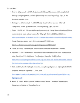 ID: 20434003
• Fein, S., & Spencer, S. J. (1997). Prejudice as Self-Image Maintenance: Affirming the Self
Through Derogating Others. Journal of Personality and Social Psychology, 73(1), 31-44.
Retrieved August 4, 2016.
• Festinger, L., & Carlsmith, J. M. (1959, March). Cognitive Consequences of Forced
Compliance. Journal of Abnormal and Social Psychology, 58(2), 203-210.
• Foster, P. (2016, July 12). Anti-Muslim sentiment on rise in Europe due to migration and Isil as
continent rejects multi-cultural society, The Telegraph. Retrieved 12 July, 2016, from
http://www.telegraph.co.uk/news/2016/07/12/europe-rejects-multi-cultural-society-says-survey/
• George Santayana quotes. (n.d.). Retrieved August 17, 2016, from
http://www.brainyquote.com/quotes/quotes/g/georgesant101521.html
• Gurski, P. (2016). The threat from within. Lanham, Maryland: Rowman & Littlefield.
• Ingraham, C. (2015, February 11). Anti-Muslim hate crimes are still five times more common
today than before 9/11. Washington Post. Retrieved September 22, 2016, from
https://www.washingtonpost.com/news/wonk/wp/2015/02/11/anti-muslim-hate-crimes-are-still-
five-times-more-common-today-than-before-911/
• Kirk, A. (2016, March 24). Iraq & Syria: How many foreign fighters are fighting for ISIL? The
Telegraph. Retrieved September 17, 2016, from
http://www.telegraph.co.uk/news/2016/03/29/iraq-and-syria-how-many-foreign-fighters-are-
fighting-for-isil/
• Kunda, Z. (1999). Social Cognition: Making sense of people. Cambridge, Massachusetts:
Massachusetts Institute of Technology Press.
32
 