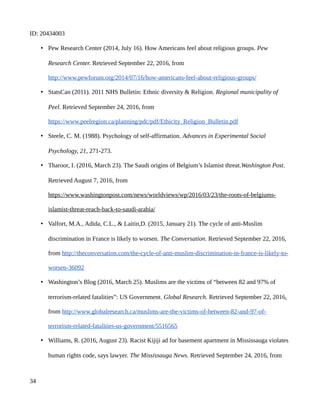 ID: 20434003
• Pew Research Center (2014, July 16). How Americans feel about religious groups. Pew
Research Center. Retrieved September 22, 2016, from
http://www.pewforum.org/2014/07/16/how-americans-feel-about-religious-groups/
• StatsCan (2011). 2011 NHS Bulletin: Ethnic diversity & Religion. Regional municipality of
Peel. Retrieved September 24, 2016, from
https://www.peelregion.ca/planning/pdc/pdf/Ethicity_Religion_Bulletin.pdf
• Steele, C. M. (1988). Psychology of self-affirmation. Advances in Experimental Social
Psychology, 21, 271-273.
• Tharoor, I. (2016, March 23). The Saudi origins of Belgium’s Islamist threat.Washington Post.
Retrieved August 7, 2016, from
https://www.washingtonpost.com/news/worldviews/wp/2016/03/23/the-roots-of-belgiums-
islamist-threat-reach-back-to-saudi-arabia/
• Valfort, M.A., Adida, C.L., & Laitin,D. (2015, January 21). The cycle of anti-Muslim
discrimination in France is likely to worsen. The Conversation. Retrieved September 22, 2016,
from http://theconversation.com/the-cycle-of-anti-muslim-discrimination-in-france-is-likely-to-
worsen-36092
• Washington’s Blog (2016, March 25). Muslims are the victims of “between 82 and 97% of
terrorism-related fatalities”: US Government. Global Research. Retrieved September 22, 2016,
from http://www.globalresearch.ca/muslims-are-the-victims-of-between-82-and-97-of-
terrorism-related-fatalities-us-government/5516565
• Williams, R. (2016, August 23). Racist Kijiji ad for basement apartment in Mississauga violates
human rights code, says lawyer. The Mississauga News. Retrieved September 24, 2016, from
34
 