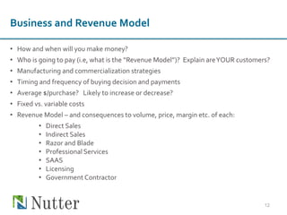 • How and when will you make money?
• Who is going to pay (i.e, what is the “Revenue Model”)? Explain areYOUR customers?
• Manufacturing and commercialization strategies
• Timing and frequency of buying decision and payments
• Average $/purchase? Likely to increase or decrease?
• Fixed vs. variable costs
• Revenue Model – and consequences to volume, price, margin etc. of each:
• Direct Sales
• Indirect Sales
• Razor and Blade
• Professional Services
• SAAS
• Licensing
• Government Contractor
12
Business and Revenue Model
 
