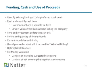• Identify existing/timing of prior preferred stock deals
• Cash and monthly cash burn
• How much of burn is variable vs. fixed
• Lowest you can the Burn without killing the company
• Time and investment dollars to reach exit
• Timing and quantity of future rounds
• Current round size and timing
• Use of proceeds - what will it be used for?What will it buy?
• Optimal deal structure
• Pre MoneyValuation
• Dangers of including suggested valuations
• Dangers of not knowing the appropriate valuations
19
Funding, Cash and Use of Proceeds
 