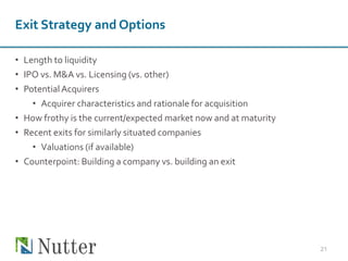 Exit Strategy and Options
• Length to liquidity
• IPO vs. M&A vs. Licensing (vs. other)
• PotentialAcquirers
• Acquirer characteristics and rationale for acquisition
• How frothy is the current/expected market now and at maturity
• Recent exits for similarly situated companies
• Valuations (if available)
• Counterpoint: Building a company vs. building an exit
21
 