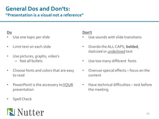 General Dos and Don'ts:
“Presentation is a visual not a reference”
Do
• Use one topic per slide
• Limit text on each slide
• Use pictures, graphs, video's
– Not all bullets
• Choose fonts and colors that are easy
to read
• PowerPoint is the accessory toYOUR
presentation
• SpellCheck
Don't
• Use sounds with slide transitions
• Overdo the ALL CAPS, bolded,
italicized or underlined text
• Use too many different fonts
• Overuse special effects – focus on the
content
• Have technical difficulties – test before
the meeting
24
 