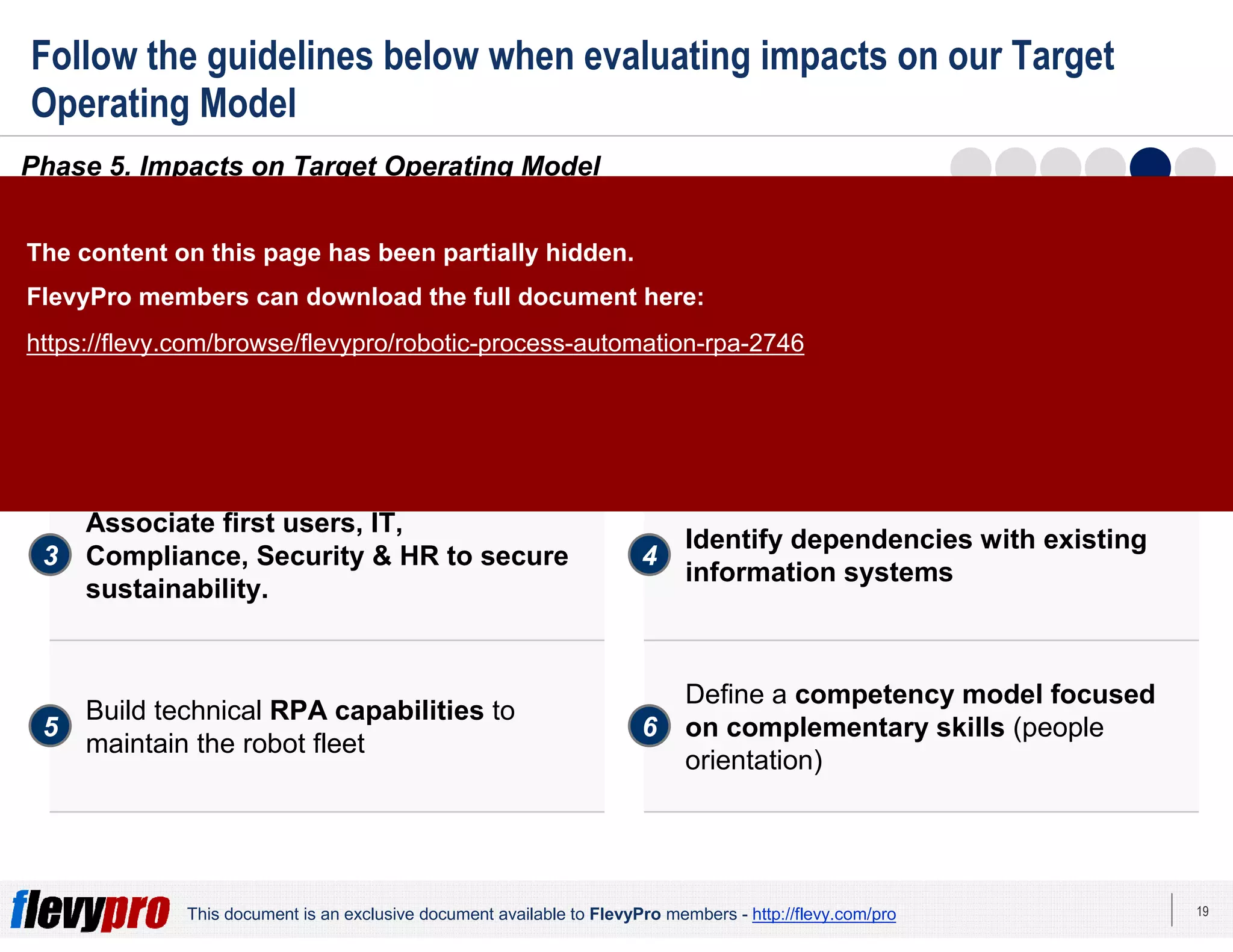 19This document is an exclusive document available to FlevyPro members - http://flevy.com/pro
Follow the guidelines below when evaluating impacts on our Target
Operating Model
Phase 5. Impacts on Target Operating Model
Evaluate how the RPA solution impacts our Target Operating Model by performing the
following 6 activities:
Define roles, responsibilities, and
governance
1 2
3 4
5 6
Use process reengineering
methodologies to fit your processes to
RPA requirements
Associate first users, IT,
Compliance, Security & HR to secure
sustainability.
Identify dependencies with existing
information systems
Build technical RPA capabilities to
maintain the robot fleet
Define a competency model focused
on complementary skills (people
orientation)
The content on this page has been partially hidden.
FlevyPro members can download the full document here:
https://flevy.com/browse/flevypro/robotic-process-automation-rpa-2746
 