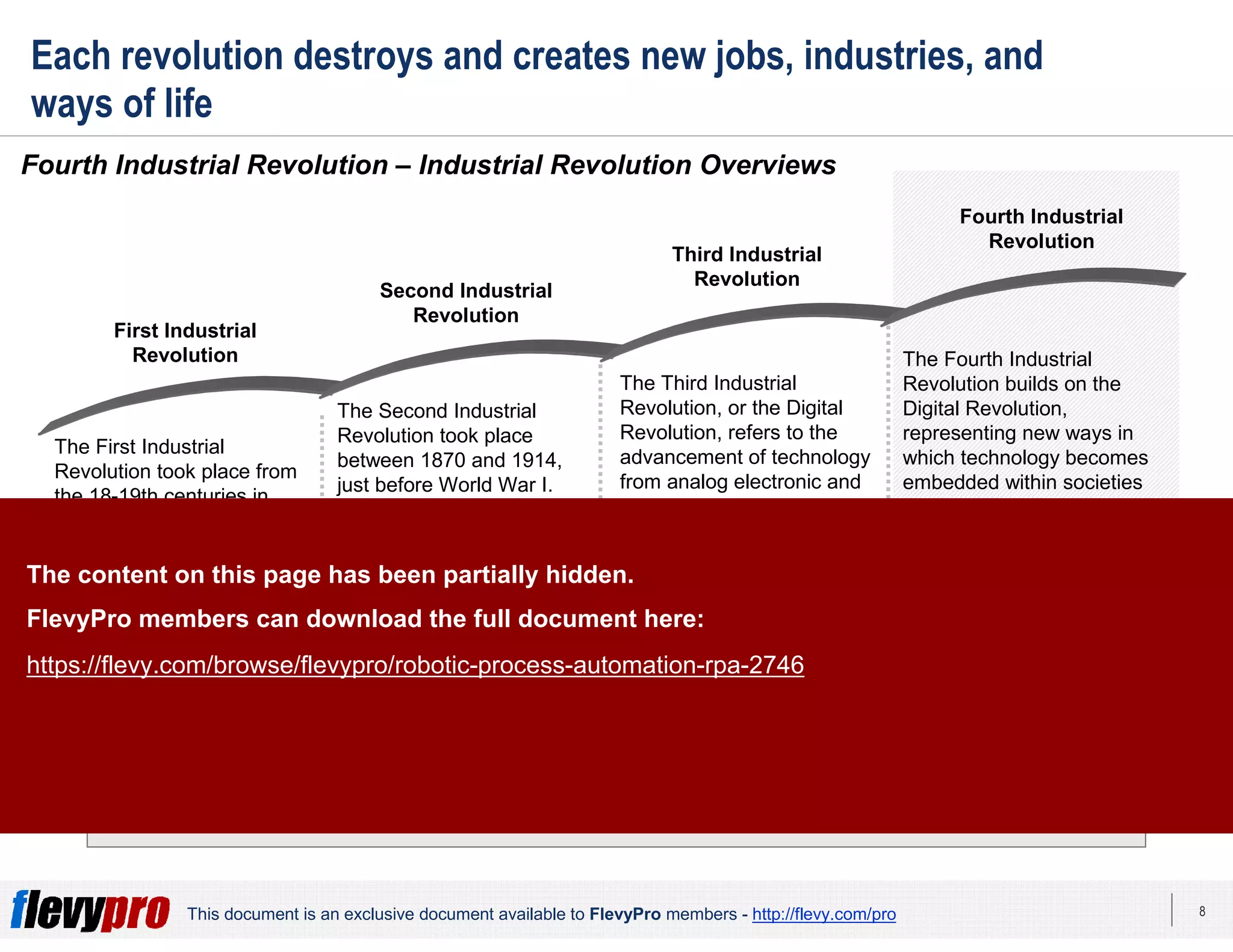 8This document is an exclusive document available to FlevyPro members - http://flevy.com/pro
Each revolution destroys and creates new jobs, industries, and
ways of life
Fourth Industrial Revolution – Industrial Revolution Overviews
Stay ahead of the industry—you can receive the latest news related on 4IR by joining this
group on LinkedIn: https://www.linkedin.com/groups/13504373.
First Industrial
Revolution
Second Industrial
Revolution
Third Industrial
Revolution
Fourth Industrial
Revolution
The First Industrial
Revolution took place from
the 18-19th centuries in
Europe and America. It was
a period that saw the
transition from mostly
agrarian, rural societies
became industrial and
urban. Notable
developments include the
iron and textile industries
and the steam engine.
The Second Industrial
Revolution took place
between 1870 and 1914,
just before World War I.
Triggered by the advent of
electric power to create
mass production, this was a
growth period for pre-
existing industries and
expansion of new ones,
such as the steel, oil, and
electricity fields.
The Third Industrial
Revolution, or the Digital
Revolution, refers to the
advancement of technology
from analog electronic and
mechanical devices to the
digital technology available
today. The era started to
during the 1980s and is
ongoing. This era was
triggered by the rise of the
personal computer,
Internet, and mobile
communications.
The Fourth Industrial
Revolution builds on the
Digital Revolution,
representing new ways in
which technology becomes
embedded within societies
and even the human body.
The content on this page has been partially hidden.
FlevyPro members can download the full document here:
https://flevy.com/browse/flevypro/robotic-process-automation-rpa-2746
 