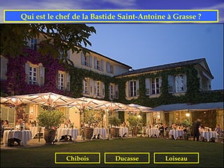 Qui est le chef de la Bastide Saint-Antoine à Grasse ?




             Chibois        Ducasse        Loiseau
 