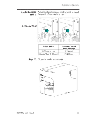 Installation & Operation



    Media Loading Adjust the label pressure control knob to match
           Step 9 the width of the media in use.



    Set Media Width




                           Label Width         Pressure Control
                                                Knob Settings
                         2"(50mm) or Less         2" (50mm)
                      Greater Than 2" (50mm)      4" (100mm)


           Step 10 Close the media access door.




980412-001 Rev.A                                                   15
 