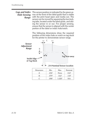 Troubleshooting



     Gap and Index The sensor position is indicated by the green ar-
      Hole Sensing row at the front of the label guide that is visible
            Range with the print head open and media out. The
                         sensor can be moved by squeezing the two lock-
                         ing tabs, located under the label guide, and slid-
                         ing the sensor in or out. For proper sensing,
                         ensure that the sensor is aligned with the center
                         portion of the label or index hole/notch.

                         The following dimensions show the required
                         position of the index hole or notch on tag stock
                         for the printer to demonstrate sensor range.
                                     min.       C       max.

                Sensor
            Adjustment
                 Range           B


                                            A
                                                                       Tag Tear-away
                  Inside Edge
                  of Tag Stock

                                                    .314 Nominal Sensor Location

                            Dimension                Min.      Max.        Nominal
                                 A                   .236"     None         .512"
                                 B                   .079"     .512"        .118"
                                 C                   .098"     1.520"        N/A




A-10                                                           980412-001 Rev.A
 