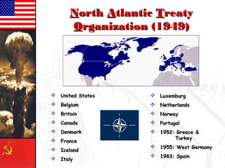 NNoorrtthh AAttllaannttiicc TTrreeaattyy 
OOrrggaanniizzaattiioonn ((11994499)) 
 UUnniitteedd SSttaatteess 
 BBeellggiiuumm 
 BBrriittaaiinn 
 CCaannaaddaa 
 DDeennmmaarrkk 
 FFrraannccee 
 IIcceellaanndd 
 IIttaallyy 
 LLuuxxeemmbbuurrgg 
 NNeetthheerrllaannddss 
 NNoorrwwaayy 
 PPoorrttuuggaall 
 1195522:: GGrreeeeccee && 
TTuurrkkeeyy 
 1195555:: WWeesstt GGeerrmmaannyy 
 1198833:: SSppaaiinn 
 