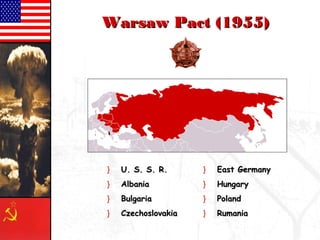 WWaarrssaaww PPaacctt ((11995555)) 
} UU.. SS.. SS.. RR.. 
} AAllbbaanniiaa 
} BBuullggaarriiaa 
} CCzzeecchhoosslloovvaakkiiaa 
} EEaasstt GGeerrmmaannyy 
} HHuunnggaarryy 
} PPoollaanndd 
} RRuummaanniiaa 
 