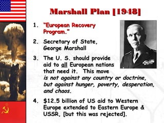 MMaarrsshhaallll PPllaann [[11994488]] 
11.. ““EEuurrooppeeaann RReeccoovveerryy 
PPrrooggrraamm..”” 
22.. SSeeccrreettaarryy ooff SSttaattee,, 
GGeeoorrggee MMaarrsshhaallll 
33.. TThhee UU.. SS.. sshhoouulldd pprroovviiddee 
aaiidd ttoo aallll EEuurrooppeeaann nnaattiioonnss 
tthhaatt nneeeedd iitt.. TThhiiss mmoovvee 
iiss nnoott aaggaaiinnsstt aannyy ccoouunnttrryy oorr ddooccttrriinnee,, 
bbuutt aaggaaiinnsstt hhuunnggeerr,, ppoovveerrttyy,, ddeessppeerraattiioonn,, 
aanndd cchhaaooss.. 
44.. $$1122..55 bbiilllliioonn ooff UUSS aaiidd ttoo WWeesstteerrnn 
EEuurrooppee eexxtteennddeedd ttoo EEaasstteerrnn EEuurrooppee && 
UUSSSSRR,, [[bbuutt tthhiiss wwaass rreejjeecctteedd]].. 
 