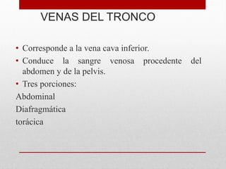 VENAS DEL TRONCO
• Corresponde a la vena cava inferior.
• Conduce la sangre venosa procedente del
abdomen y de la pelvis.
• Tres porciones:
Abdominal
Diafragmática
torácica
 