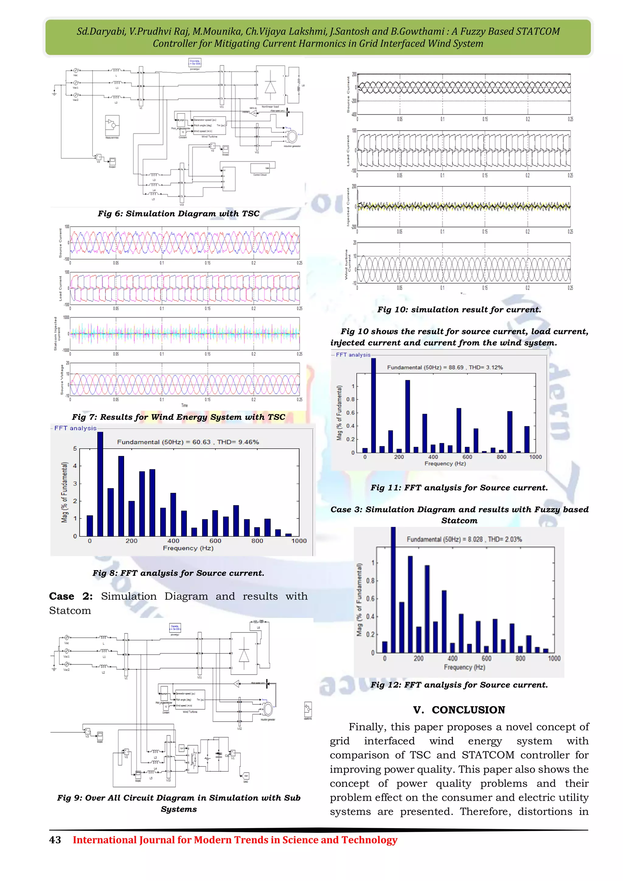 48 International Journal for Modern Trends in Science and Technology
V.Sarath Kumar, D.Rupesh, K.Prudhvi Raj, Ch.Prasanth Kumar, K.Manasa, A.Jawahar, Ch.Rajyalakshmi and Ch.Vishnu
Chakravarthi : A Frame Work for Control of Gird Connected Wind Power Using Two Layer Control
Fig 5 Configuration and control of ESS for DFIG Wind
Turbine
3.1 Rotor side controller (GSC)
In the RSC, the independent control of the
stator active power Ps and reactive power Qs is
achieved by means of rotor current regulation in a
stator-flux oriented synchronously rotating
reference frame. The overall RSC control scheme is
shown in fig 6 consists of two cascaded control
loops. The outer control loop regulates the stator
active and reactive powers independently, which
generates the reference signals Idr* and Iqr* of the
d-axis and q-axis current components,
respectively, for the inner-loop current regulation.
The outputs of the two current controllers are
compensated by the corresponding cross-coupling
terms Vdr0 and Vqr0, respectively, to form the total
voltage signals, Vdr and Vqr. They are then used by
the PWM module to generate the gate control
signals to drive the RSC
Fig 6 Overall vector scheme of the RSC
3.2 Grid side controller (GSC)
The overall vector control scheme of the GSC, in
which the control of the dc-link voltage Vdc and the
reactive power Qg exchanged between the GSC and
the grid, is achieved by means of current regulation
in a synchronously rotating reference frame. The
equivalent circuit of grid connected inverter is
shown in fig 7.
Fig 7 Equivalent circuit of Grid side controller
Again, the overall GSC control scheme shown in
fig 8 consists of two cascaded control loops. The
outer control loop regulates the dc-link voltage Vdc
and the reactive power Qg, respectively, which
generates the reference signals idg* and iqg* of the
d-axis and q-axis current components,
respectively, for the inner-loop current regulation.
The outputs of the two current controllers are
compensated by the corresponding cross-coupling
terms vdg0 and vqg0, respectively, to form the total
voltage signals, Vdg and Vqg. They are then used
by the PWM module to generate the gate control
signals to drive the GSC.
Fig 8 Grid side controller (GSC) scheme
3.3 Wind Farm supervisory control
The objective of the WFSC is to generate the
reference signals for the outer-loop power
controllers of the RSC and GSC as well as the
controller of the dc/dc converter of each WTG,
according to the power demands from the grid
operator. The reactive power references of the RSC
and GSC controllers can be determined by
controlling the power factor at the PCC at the
desired value, which is not in the scope of this
paper. In this work, the reactive power references
of all RSC and GSC controllers are simply set as
zero.
IV. SIMULATION STUDY
Simulation studies are carried out to verify the
effectiveness of the proposed control schemes
under various operating conditions. Some typical
results are shown and discussed in this section. At
one end grid is taken as 120kv and it is stepped
down to 25kv and it is further stepped down to
575v and is given to different loads. At the other a
wind farm is connected which has 15 wind
turbines connected to it which each has a rating of
4 MW and 575v. The wind turbines WTG1, WTG6,
WTG9 are provided with different wind speeds
within the range of 10-14 m/s. And all the
remaining wind turbines are provided with
constant wind speed of 15 m/s.
 