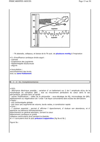 PERICARDITES AIGUES                                                               Page 13 sur 30




   - TA abaissée, collapsus, et baisse de la TA syst. de plusieurs mmHg à l’inspiration

• S. d’insuffisance cardiaque droite aiguë :
- cyanose
- turgescence des jugulaires
- hépatomégalie douloureuse
- oligurie

• Auscultation :
ssourdissement des bruits
avec ou sans frottement




5 . 1 . 2 - Ex. Complémentaires



• ECG:
- alternance électrique possible : variation d’ un battement sur 2 de l’ amplitude et/ou de la
morphologie du complexe QRS ; due au mouvement pendulaire du coeur dans le sac
péricardique, persiste donc en apnée
- autres modifications : celles de la péricardite : sous-décalage de PQ, microvoltage de QRS,
aplatissement ou négativation de l’ onde T de façon concordante dans toutes les dérivations
• Radio :
- soit cardiomégalie globale
- soit coeur peu augmenté de volume, bords raides, si constitution rapide
• Echo :
- l’ examen essentiel : permet d’ affirmer l’ épanchement, d’ évaluer son abondance, et d’
apprécier sa tolérance hémodynamique :
épanchement en général abondant, cernant le coeur
balancement cardiaque en grelot
collapsus ventriculaire droit pendant la diastole,
et ++ auriculaire droit le plus précoce à apparaître (fig 9a et 9b )

Figure 9a :
 