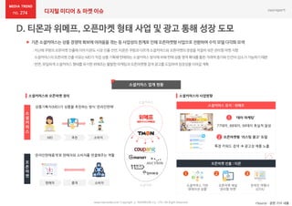 274 디지털 미디어 & 마켓 이슈
 기존 소셜커머스는 상품 경쟁력 확보에 어려움을 겪는 등 사업성의 한계로 인해 오픈마켓형 사업으로 전환하며 수익 모델 다각화 모색
*Source : 관련 기사 내용www.nasmedia.co.kr Copyright ⓒ NASMEDIA Co., LTD. All Right Reserved
상품기획자(MD)가 상품을 추천하는 방식 ‘온라인판매’
MD 추천 소비자
‘온라인판매중개’로 판매자와 소비자를 연결해주는 역할
판매자 중개 소비자
소
셜
커
머
스
오
픈
마
켓
소셜커머스 유지 : 위메프
오픈마켓형 '리스팅 광고' 도입
77데이, 88데이, 99데이 호실적 달성
소셜커머스
오픈마켓
소셜커머스와 오픈마켓 정의
특정 키워드 검색  광고성 제품 노출
1 ‘데이 마케팅’
2
오픈마켓 진출 : 티몬
소셜커머스 기반
‘큐레이션 상품’
온라인 여행사
(OTA)
오픈마켓 채널
‘관리형 마켓’
1 2 3
VS
:지난해쿠팡의오픈마켓진출에이어티몬도시장진출선언,티몬은쿠팡과다르게소셜커머스와오픈마켓의장점을적절히섞은관리형마켓지향
소셜커머스의오픈마켓진출이유는MD가직접상품기획해판매하는소셜커머스방식에비해 판매상품영역확대를통한거래액증가와인건비감소가가능하기때문
:반면,유일하게소셜커머스형태를유지한위메프는활발한마케팅과오픈마켓형검색광고를도입하여성장성을이어갈계획
소셜커머스의 사업방향
소셜커머스 업계 현황
 