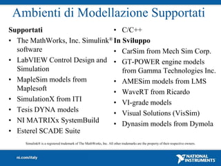 Ambienti di Modellazione Supportati
Supportati                      • C/C++
• The MathWorks, Inc. Simulink® In Sviluppo
  software                      • CarSim from Mech Sim Corp.
• LabVIEW Control Design and • GT-POWER engine models
  Simulation                       from Gamma Technologies Inc.
• MapleSim models from          • AMESim models from LMS
  Maplesoft                     • WaveRT from Ricardo
• SimulationX from ITI          • VI-grade models
• Tesis DYNA models             • Visual Solutions (VisSim)
• NI MATRIXx SystemBuild        • Dynasim models from Dymola
• Esterel SCADE Suite
     Simulink® is a registered trademark of The MathWorks, Inc. All other trademarks are the property of their respective owners.
 