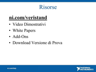 Risorse
ni.com/veristand
•   Video Dimostrativi
•   White Papers
•   Add-Ons
•   Download Versione di Prova
 