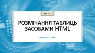 РОЗМІЧАННЯ ТАБЛИЦЬ
ЗАСОБАМИ HTML
Інформатика , 8 клас
Урок 33
 